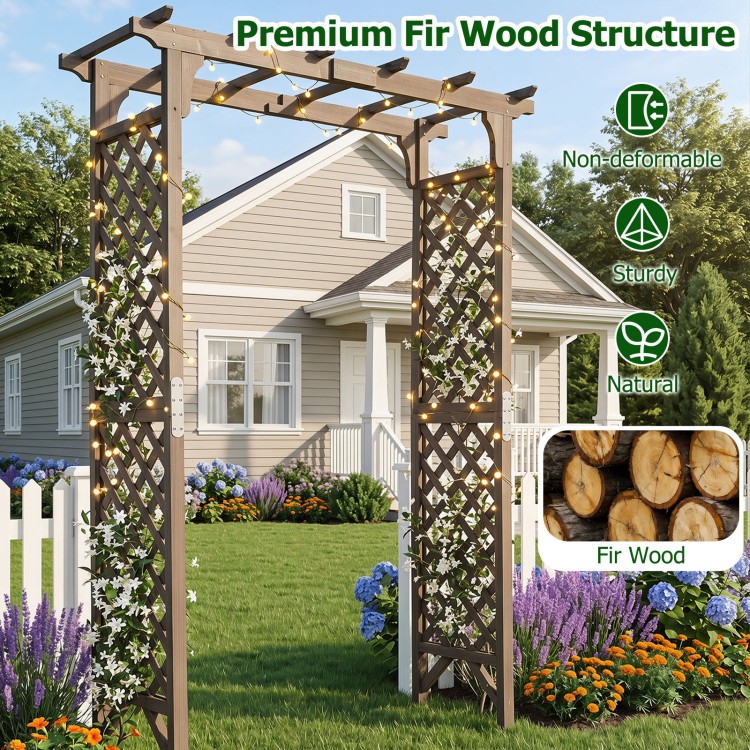 Flat top garden arch with gate, 85" tall, made of premium fir wood, ideal for climbing plants and wedding decor.
