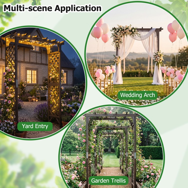 Flat top garden arch with gate, 85" tall, made of sturdy fir wood, ideal for climbing plants and wedding decorations.