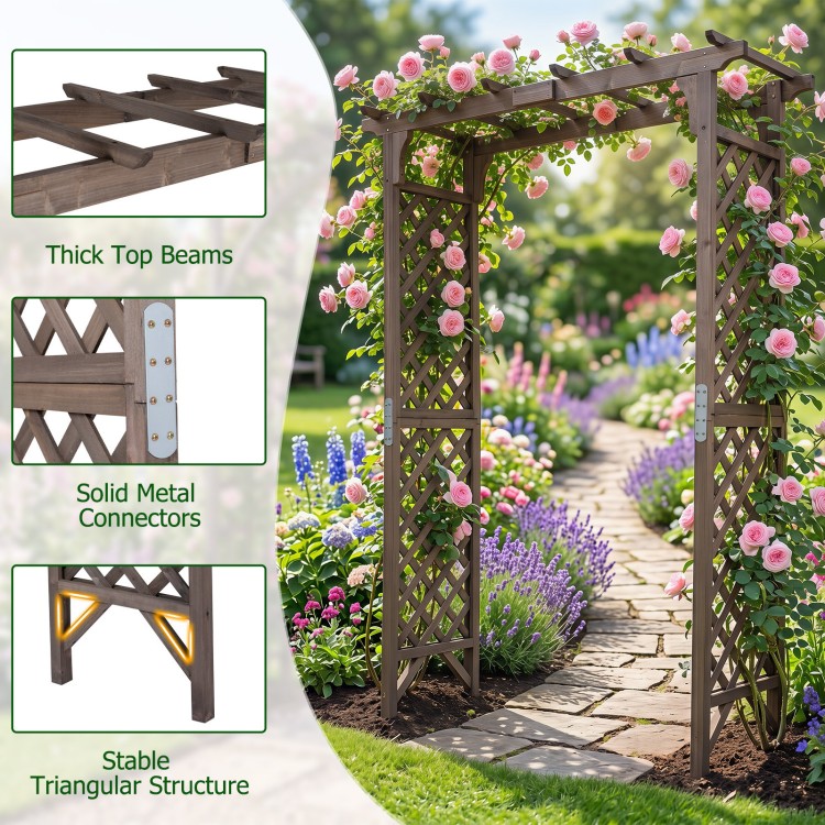 Flat top garden arch with gate, made of sturdy fir wood, ideal for climbing plants and wedding decorations.