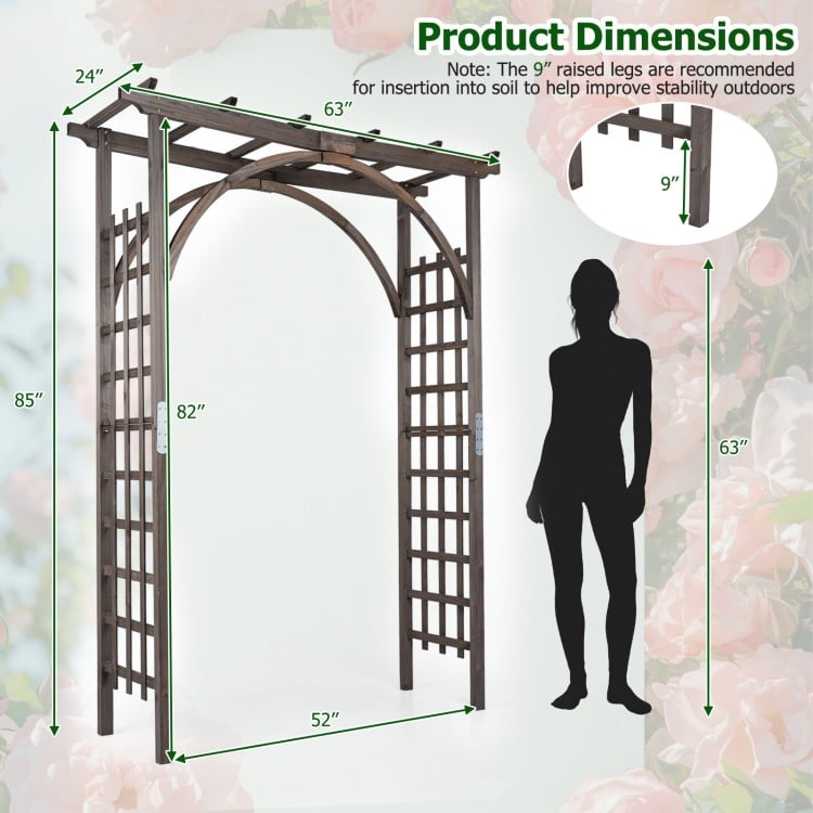 Flat top garden arch trellis made of sturdy fir wood, 85" tall, ideal for climbing plants and wedding decorations.