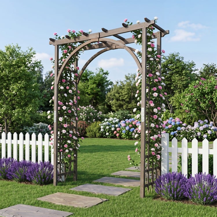 Flat top garden arch trellis made of sturdy fir wood, ideal for climbing plants and wedding decorations in outdoor spaces.