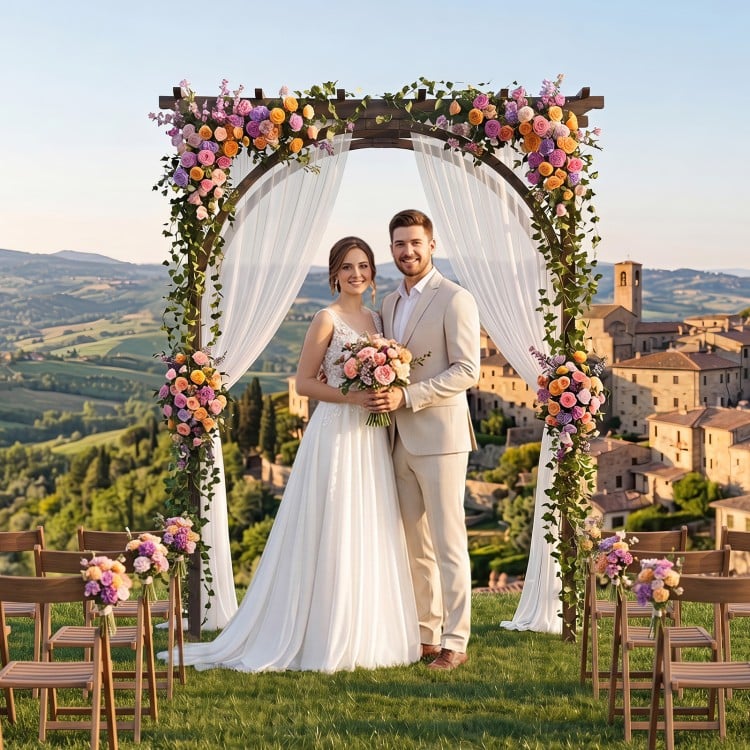 Flat top garden arch trellis made of sturdy fir wood, perfect for weddings and supporting climbing plants.
