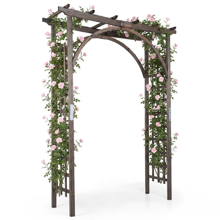 Flat top garden arch trellis with a sturdy fir wood structure, designed for climbing plants and enhancing outdoor weddings.