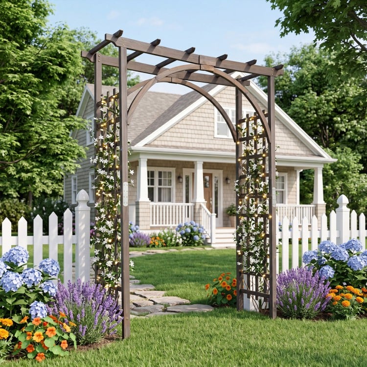 Flat top garden arch trellis made of sturdy fir wood, perfect for climbing plants and as a wedding arch in your yard.