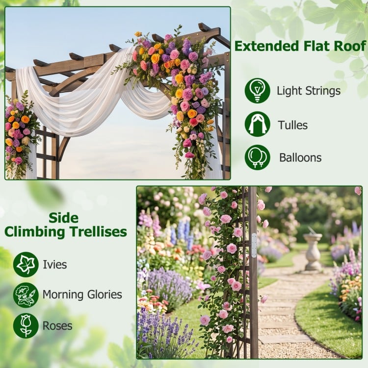 Flat top garden arch trellis made of sturdy fir wood, ideal for climbing plants and wedding decorations.
