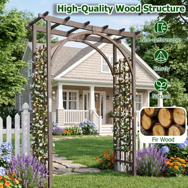 Flat top garden arch trellis made of sturdy fir wood, perfect for climbing plants and wedding decorations.