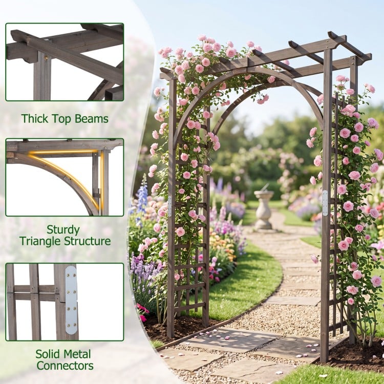 Flat top garden arch trellis made of sturdy fir wood, ideal for climbing plants and wedding decorations in brown.