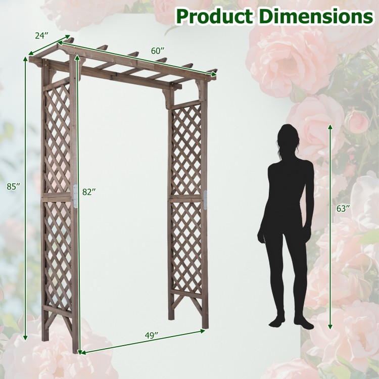 Flat top garden arch with gate, 85" tall, made of sturdy fir wood, ideal for climbing plants and wedding decor.