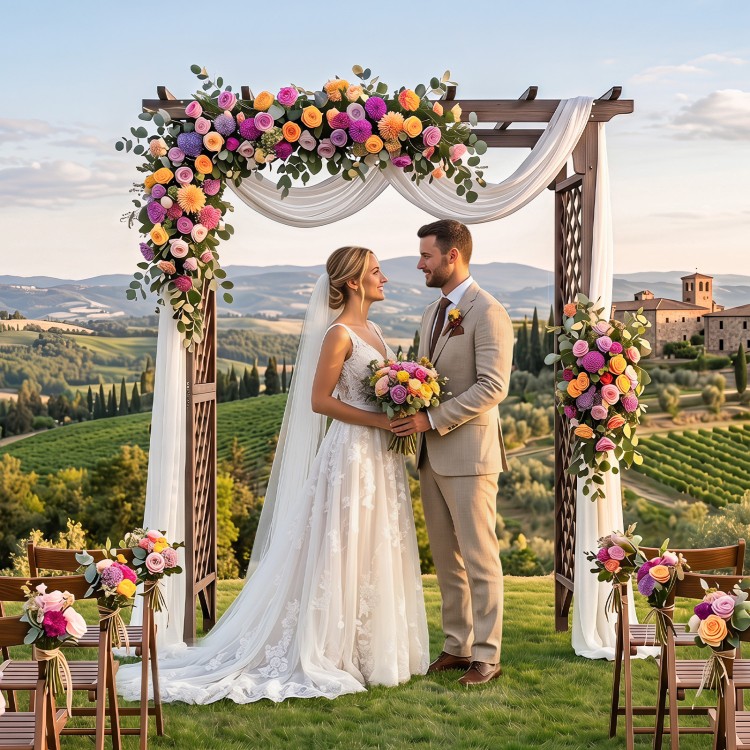 Flat top garden arch made of sturdy fir wood, ideal for climbing plants and as a wedding arch for outdoor ceremonies.