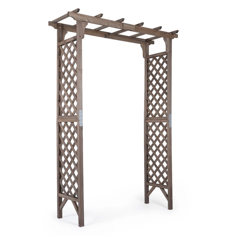 Flat top garden arch made of sturdy fir wood, featuring lattice trellises for climbing plants and a wide entrance.