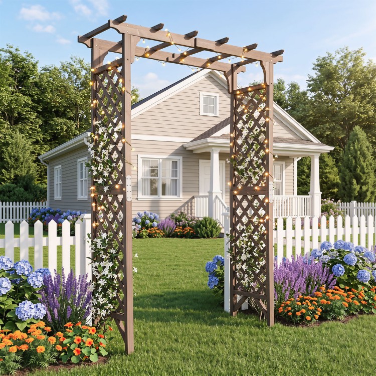 Flat top garden arch with gate, 85" tall, made of sturdy fir wood, ideal for climbing plants and wedding decorations.