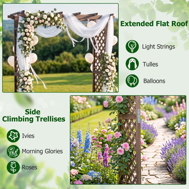 Flat top garden arch with gate, 85" tall, made of sturdy fir wood, perfect for climbing plants and wedding decorations.