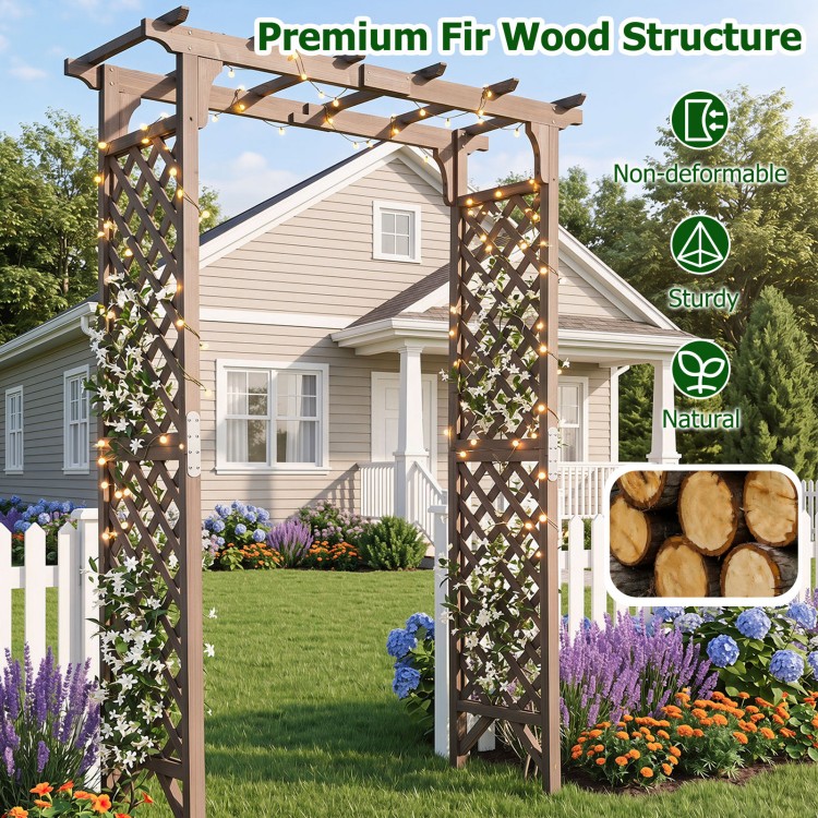 Flat top garden arch made of premium fir wood, 85" tall, perfect for climbing plants and wedding decorations.