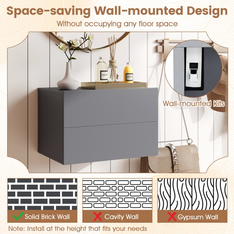 Gray floating nightstand with two storage drawers, wall-mounted design for space-saving in bedroom or living room.