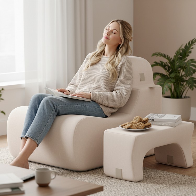 Curved beige floor chair with detachable headrest, designed for comfort and relaxation in living spaces.