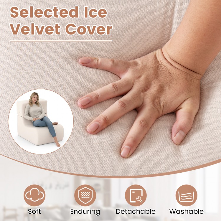 Beige floor chair with detachable headrest, made of soft ice velvet fabric, perfect for relaxing or reading.