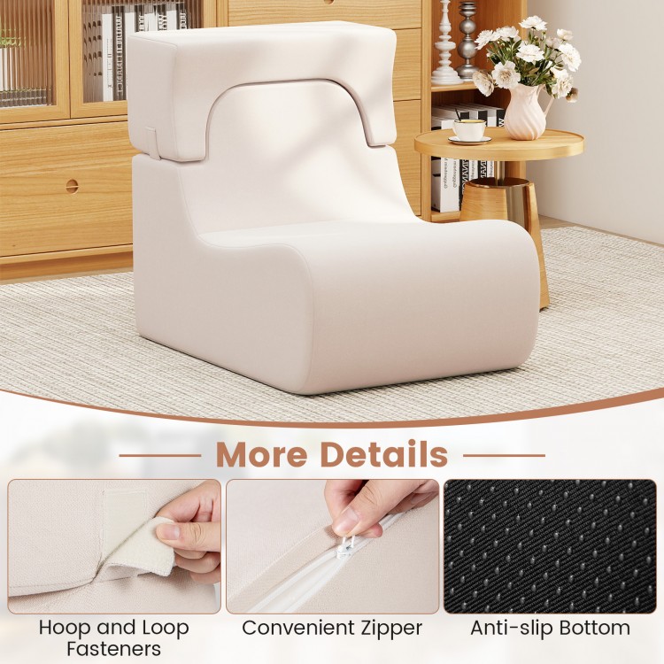 Curved beige floor chair with detachable headrest, featuring ice velvet fabric and convenient zipper for easy cleaning.