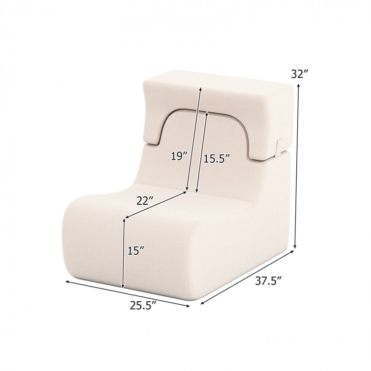 Beige floor chair with detachable headrest, curved design for comfort, ideal for relaxing or reading, measures.