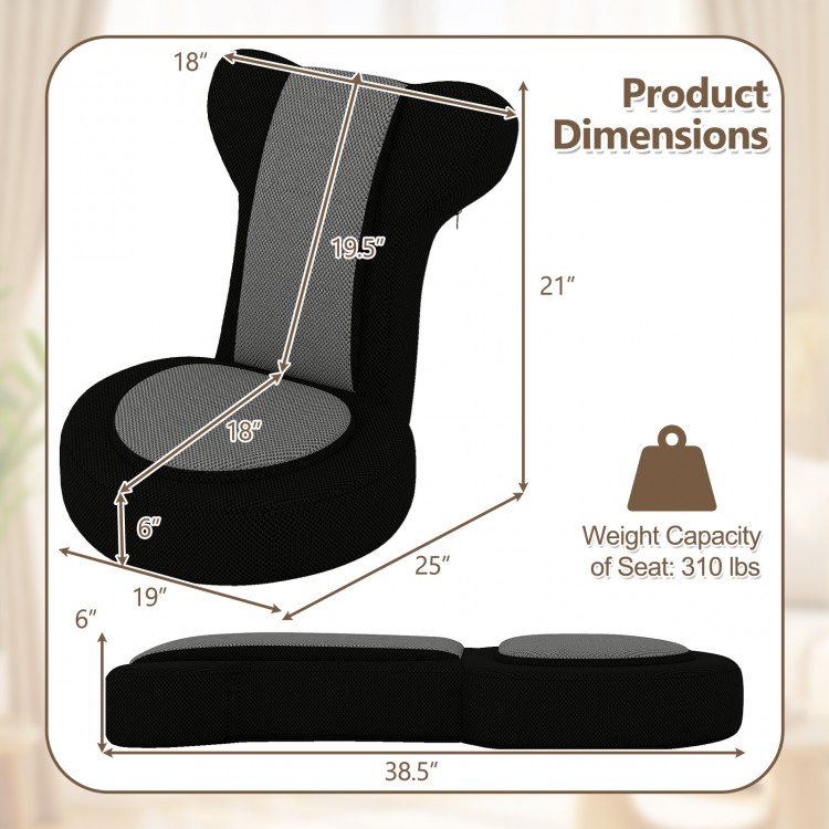Floor Comfy Gaming Leisure Chair dimensions with adjustable headrest, gray mesh fabric, suitable for gaming or relaxing.