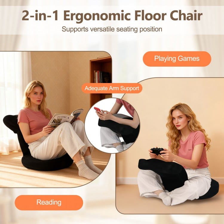 Ergonomic gray floor chair with adjustable headrest and backrest, perfect for gaming or reading in any room.