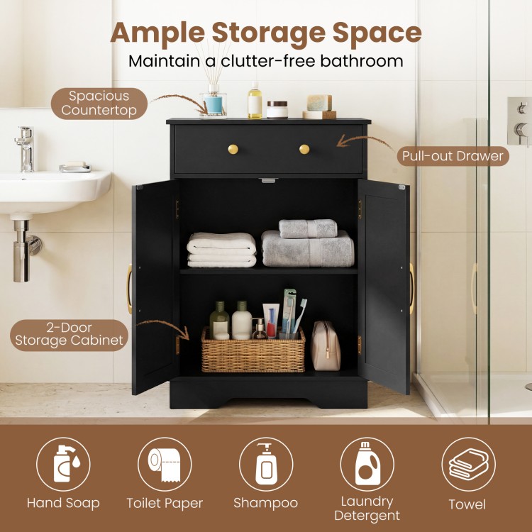 Black floor storage cabinet with doors, spacious countertop, and pull-out drawer for organized bathroom essentials.