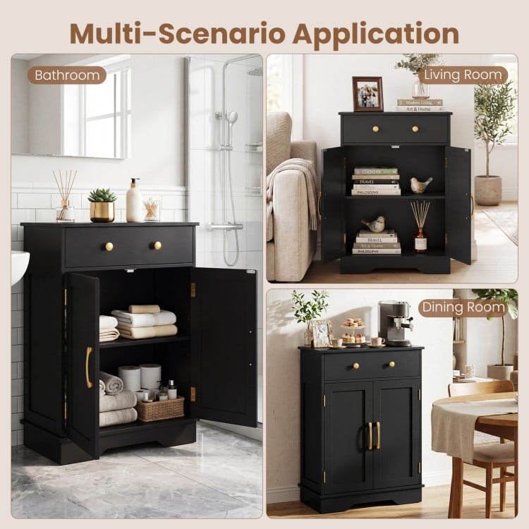 Black floor storage cabinet with doors, drawer, and adjustable shelf, ideal for organizing essentials in any room.