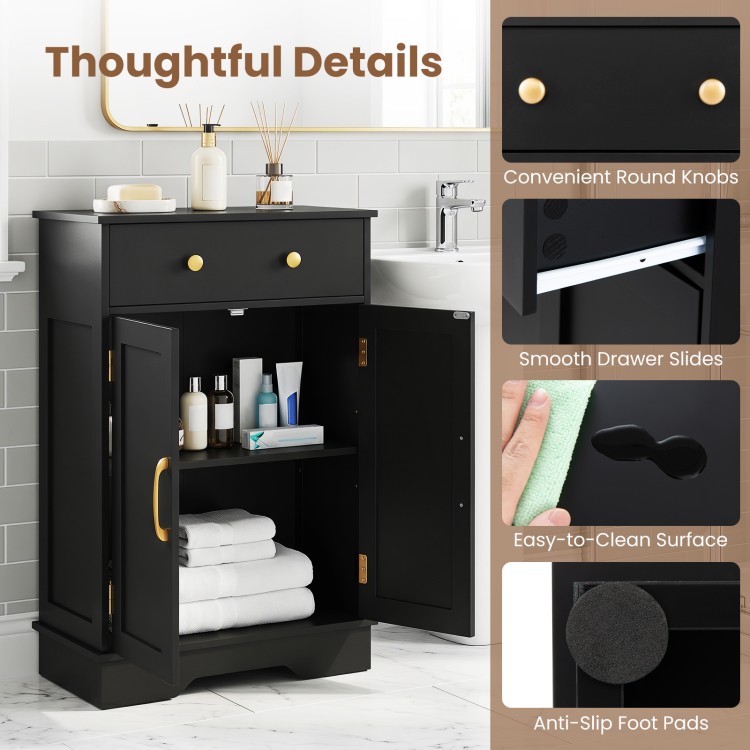 Black floor storage cabinet with doors, drawer, adjustable shelf, and gold handles for organized bathroom essentials.