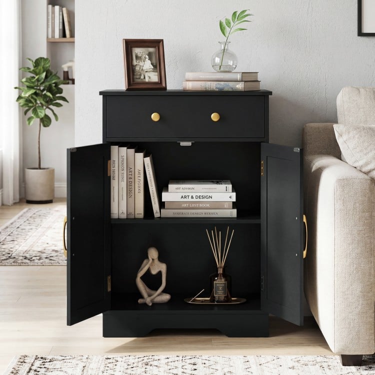Black floor storage cabinet featuring a drawer, adjustable shelf, and two doors, ideal for organized living room or bathroom use.