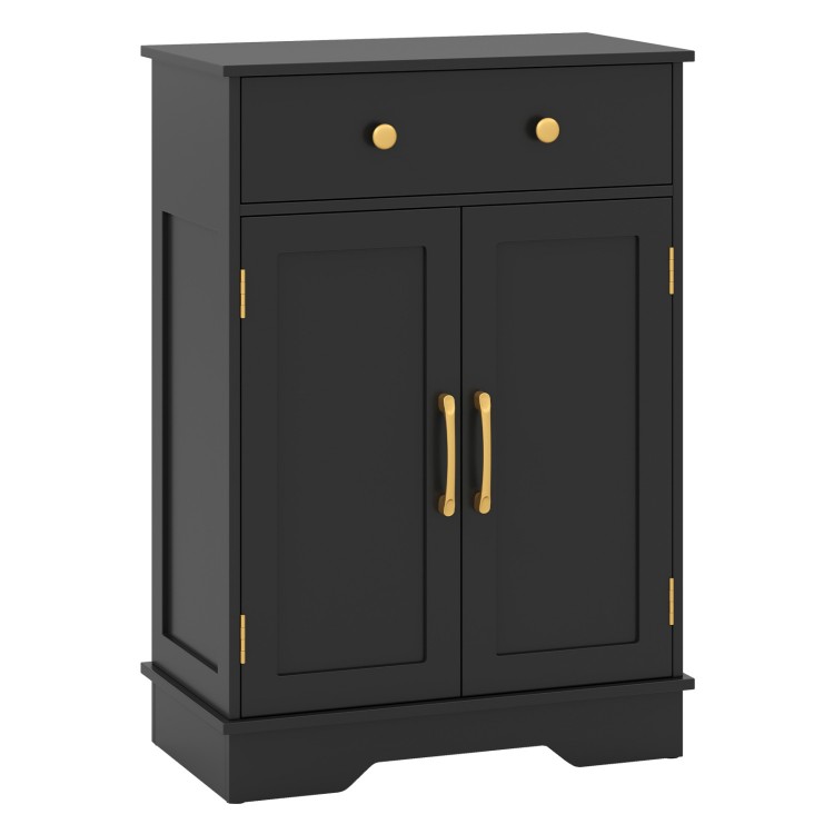 Black floor storage cabinet with doors, drawer, and adjustable shelf, ideal for organized bathroom or living room use.
