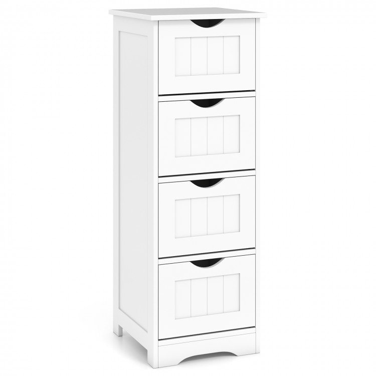 White wooden floor storage organizer with four drawers, cut-out handles, and narrow design for bathroom use.