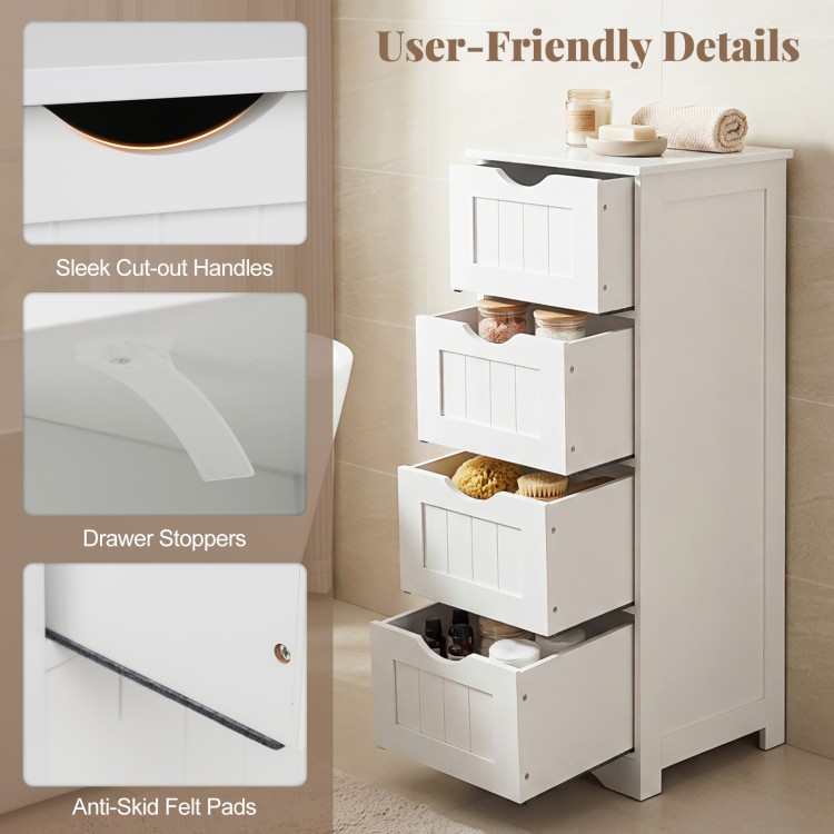 White wooden floor storage organizer with four drawers, cut-out handles, and anti-skid felt pads for bathroom use.