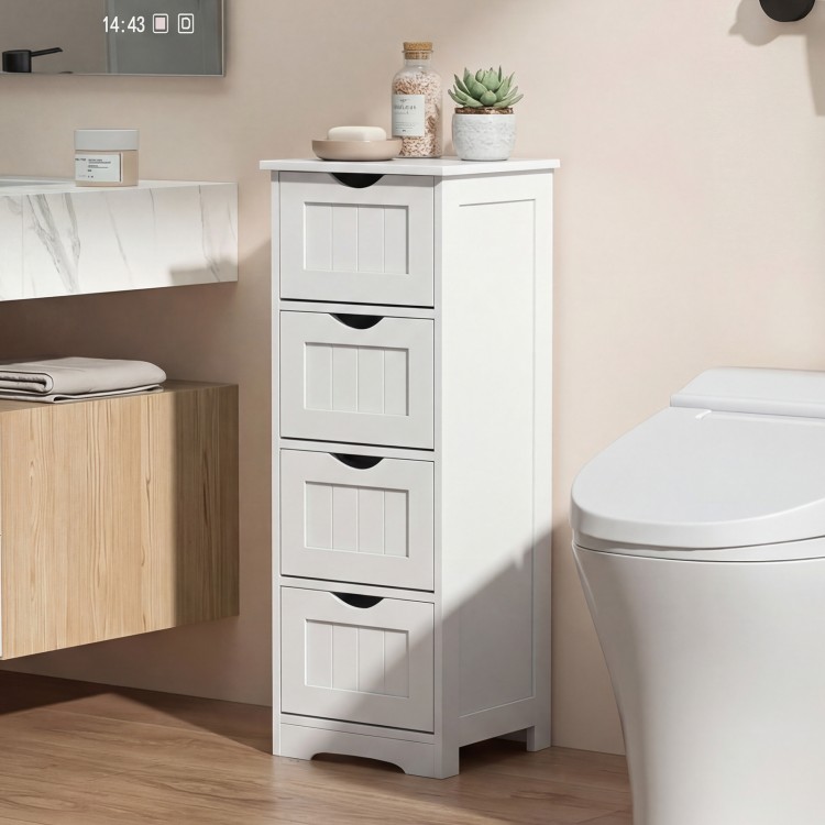 White wooden floor storage organizer with four drawers, designed for bathroom use, featuring a narrow design and arched.