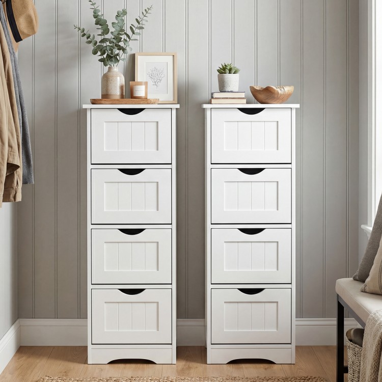 Two white wooden storage organizers with four drawers each, designed for bathrooms and narrow spaces, featuring cut-out.