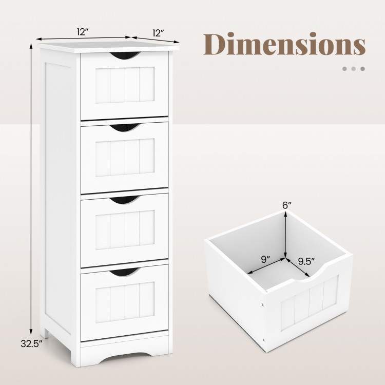 White wooden floor storage organizer with four drawers, dimensions shown, ideal for narrow spaces in bathrooms.