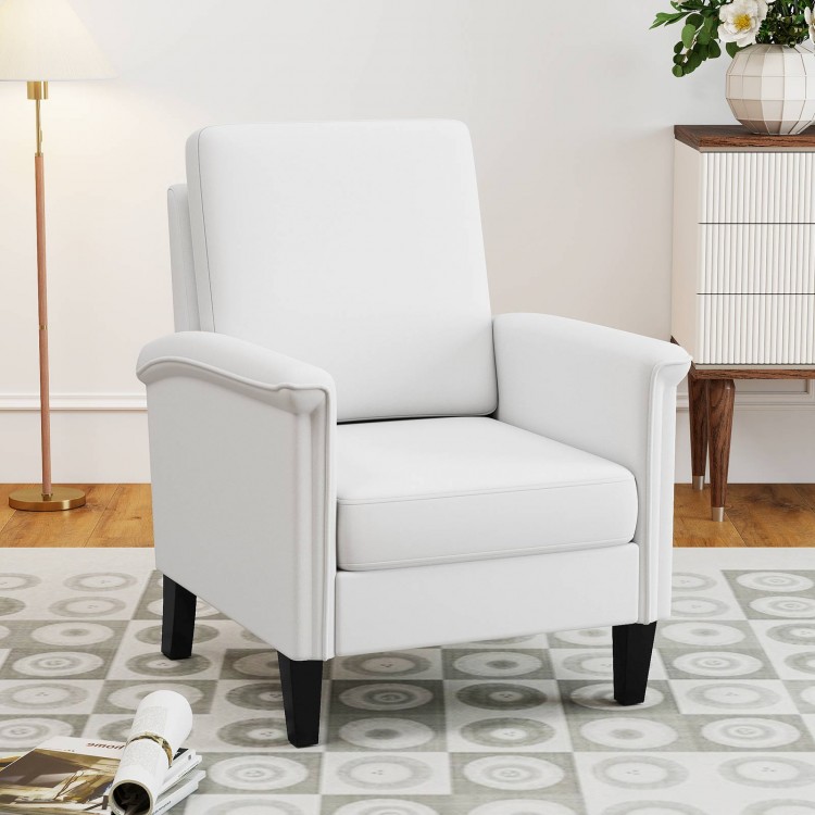 White floral accent chair with solid wood legs, high back, and padded cushions for comfortable farmhouse boho decor.