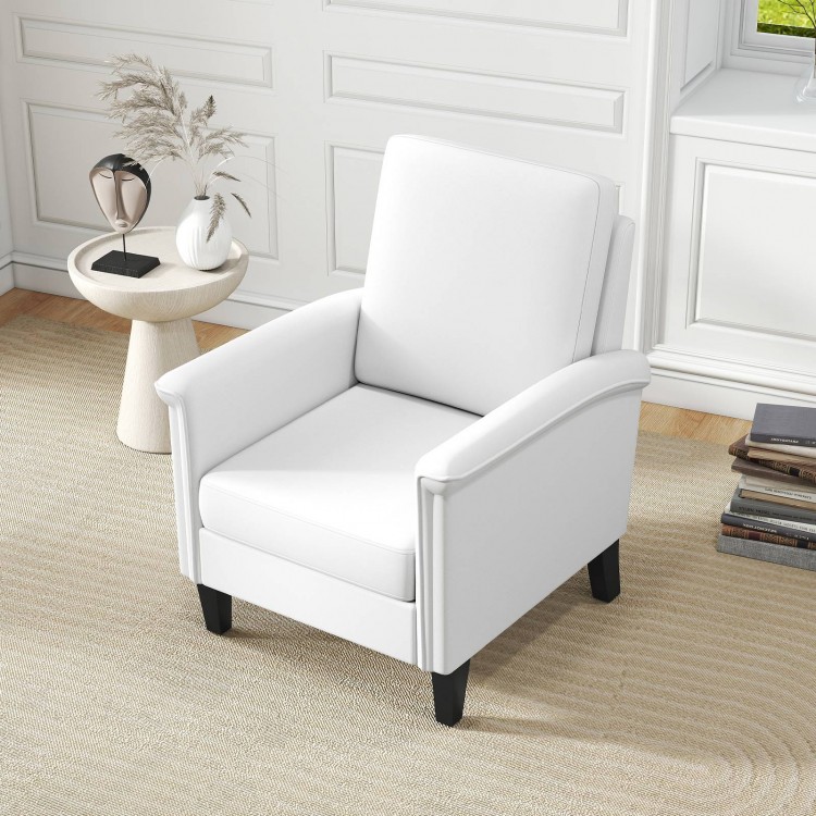White floral accent chair with solid wood legs, high back, and padded cushions for farmhouse boho decor.