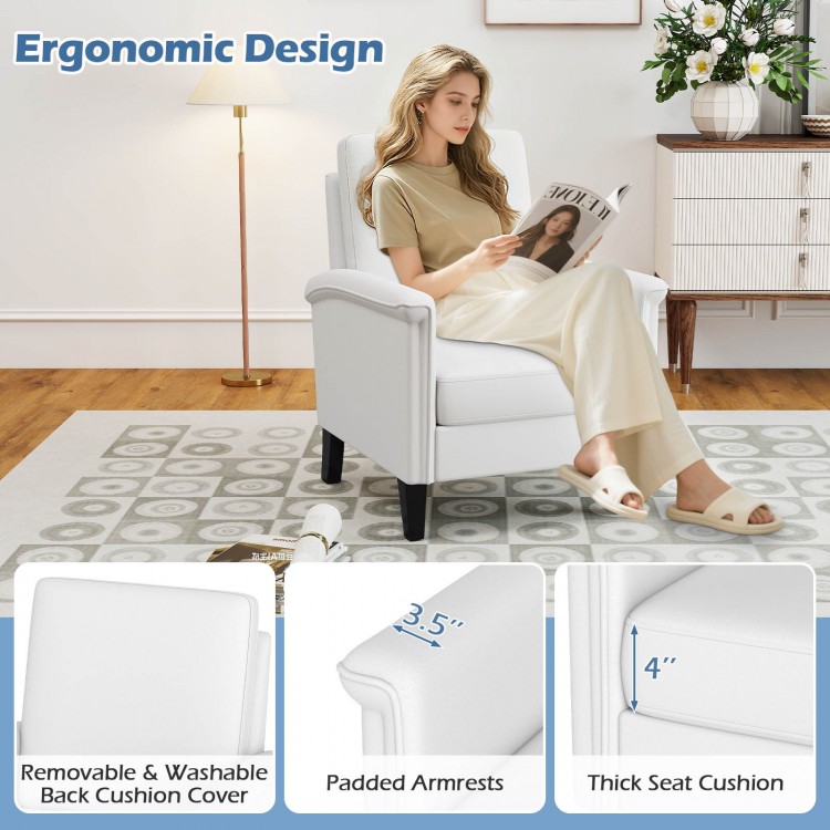 Beige floral accent chair with solid wood legs, ergonomic design, thick cushions, and removable back cover for comfort.