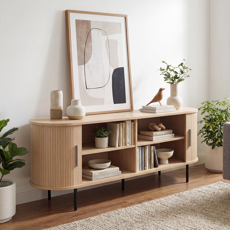 Fluted TV stand in natural finish with 8 compartments, USB ports, and elegant design for living room or office use.
