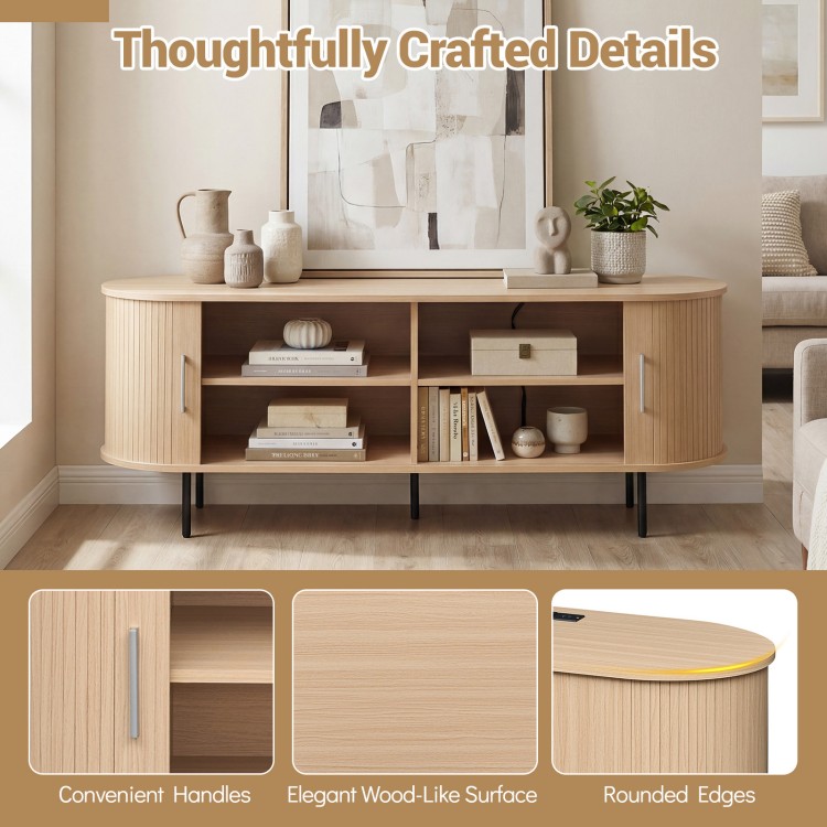 Fluted TV stand with a natural wood-like surface, rounded edges, and convenient handles for versatile storage and.