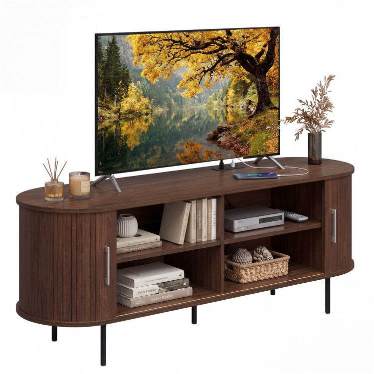 Fluted TV stand in walnut finish with spacious compartments and rounded edges, perfect for TVs up to 60".