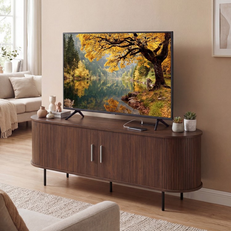 Fluted TV stand in walnut finish for TVs up to 60", featuring spacious storage and elegant wood-like surface.