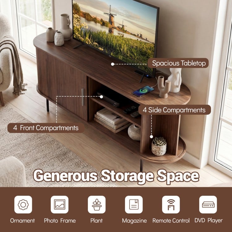 Fluted TV stand in walnut finish with spacious tabletop and 8 compartments for organized storage and elegant design.
