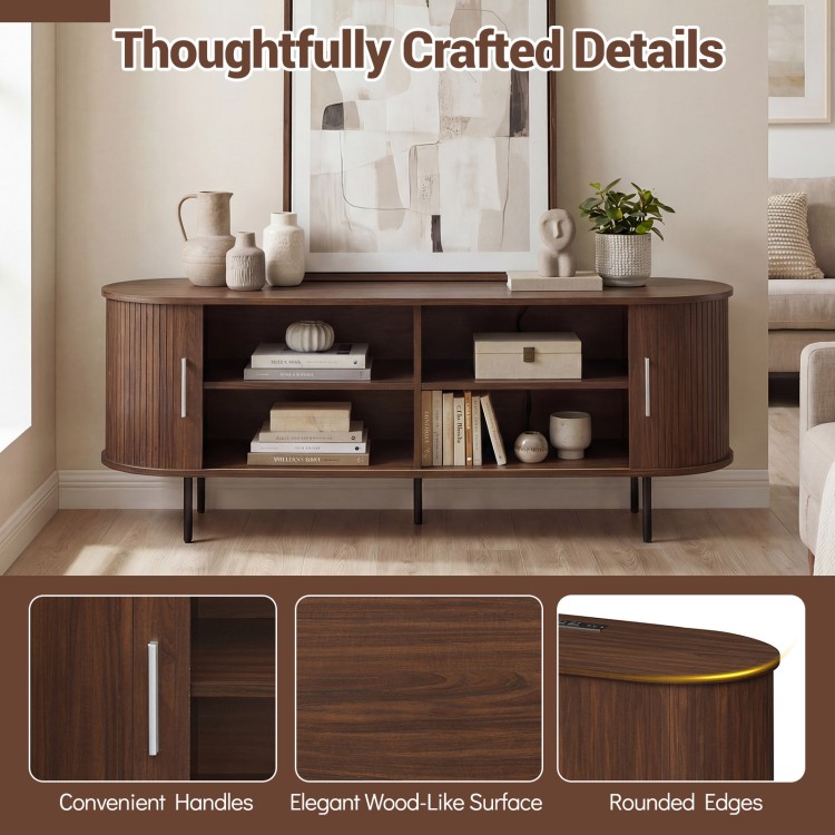 Fluted TV stand in walnut finish with rounded edges, convenient handles, and spacious compartments for organized.