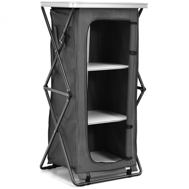 Folding camping storage cabinet showcasing a heavy-duty steel frame, breathable mesh, and compact design for easy setup.