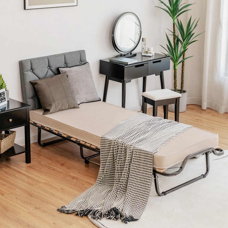 Rollaway folding bed with memory foam mattress, featuring a heavy-duty steel frame and dust-proof cover for easy.