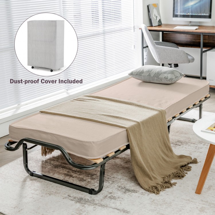 Rollaway folding bed with beige memory foam mattress, heavy-duty steel frame, and dust-proof cover for easy storage.