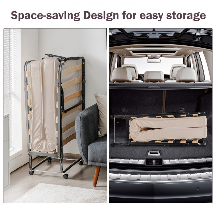 Rollaway folding bed with memory foam mattress, shown in storage position, featuring a space-saving design for easy.