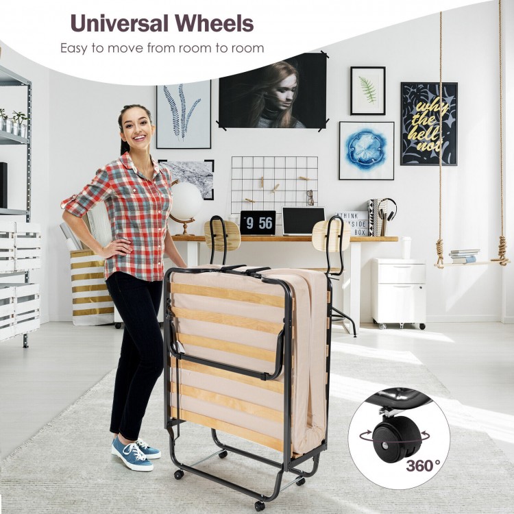 Rollaway folding bed with memory foam mattress, featuring universal wheels for easy movement between rooms.