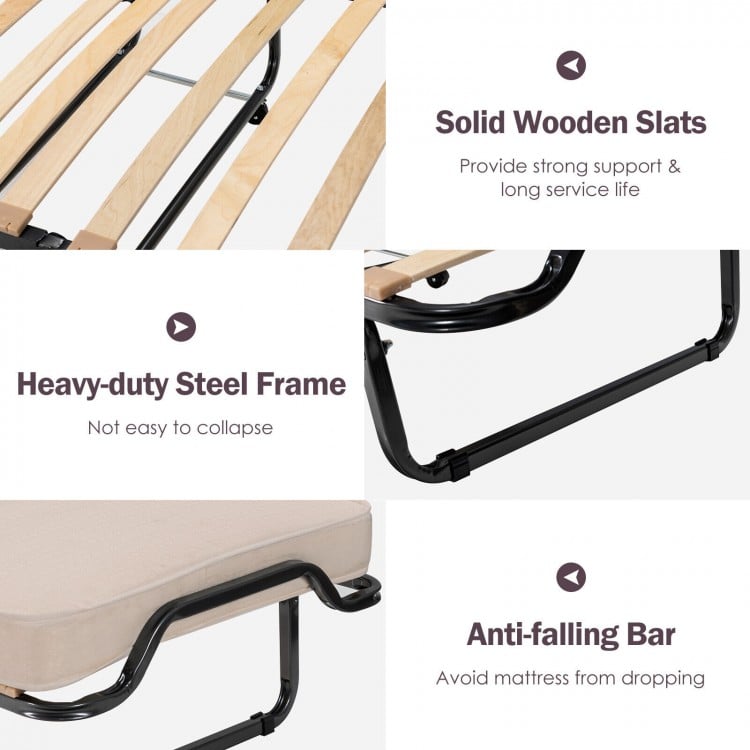Close-up of solid wooden slats on a rollaway folding bed with heavy-duty steel frame for stability and long service.