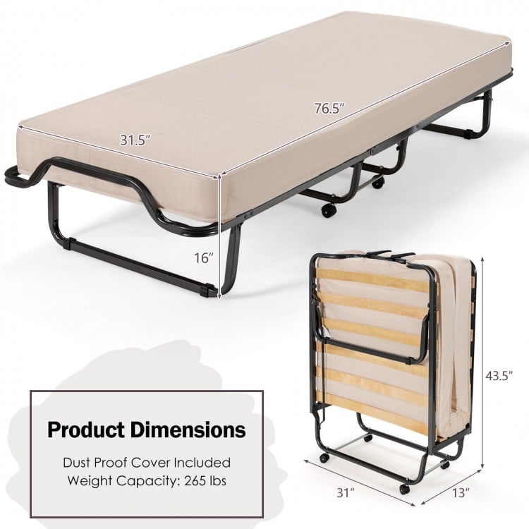 Rollaway folding bed with memory foam mattress, heavy-duty steel frame, dimensions 31" x 76.5" x 16", includes.